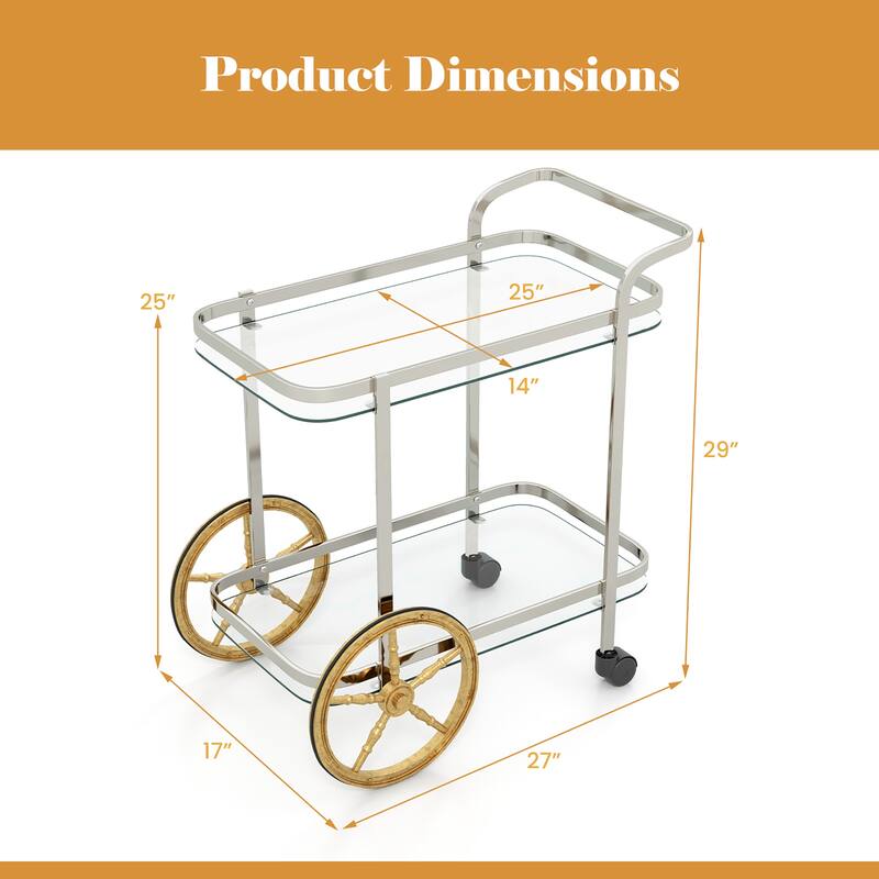 Gymax 2-Tier Serving Cart w/ Tempered Glass Shelves 2 Large Aluminum