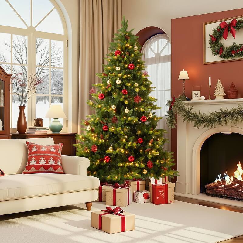 EROMMY 7.5ft Pre-lit Christmas Tree with 500 Lights, Snow Flocked Artificial Tree with Cones and Ornaments