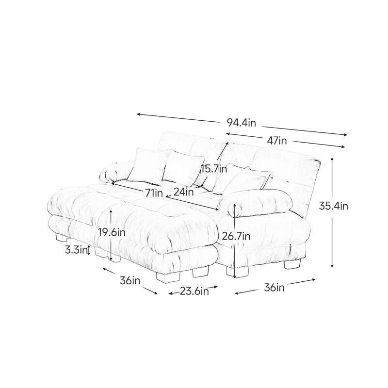 Rossetta Exquisite Stylish Design Chenille Cloud Look Couch Sectional Wide Arm Sofa with 2 Convertible Ottomans, and Pillows