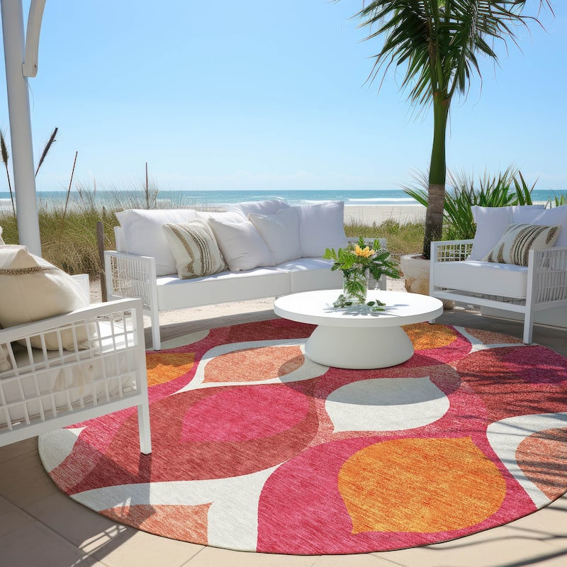 Machine Washable Indoor/ Outdoor Chantille Geo Contemporary Rug - Pink - 8' x 8'