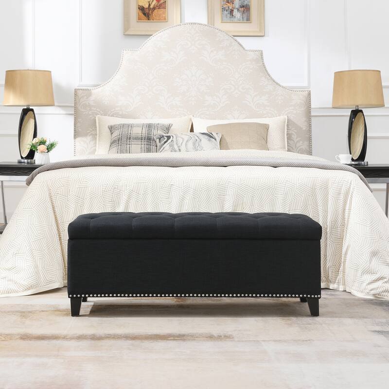 47.5" Storage Ottoman, Storage Bench with Safety Close Hinge, Linen Button-Tufted Ottoman for Living Room, Support 500lbs