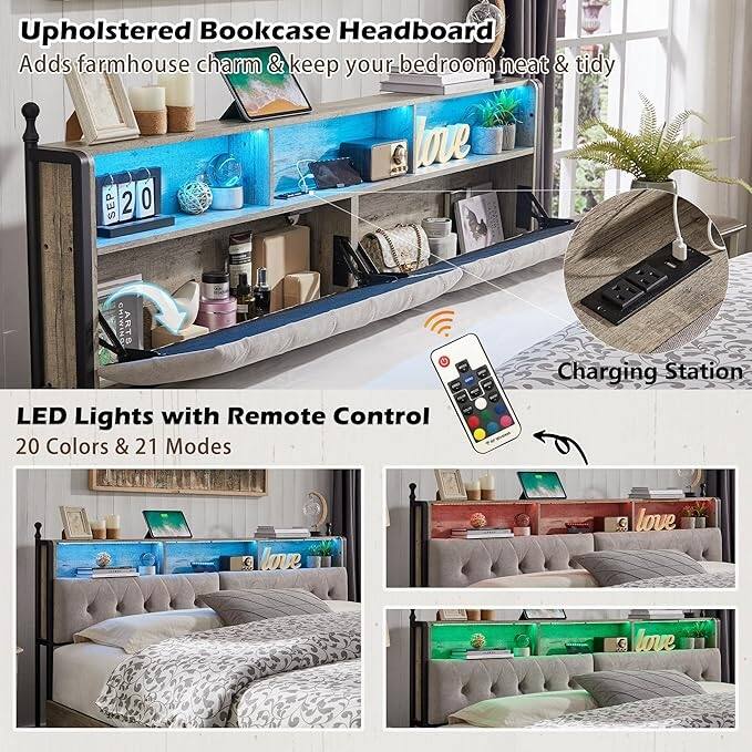 Queen Size Bed Frame with LED Lights, Charging Station and 4 Drawers