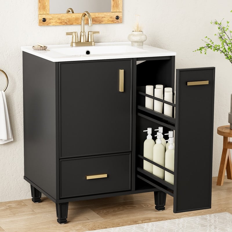 24" Bathroom Vanity Set with Sink – Featuring Storage Cabinet, Door Shelf, Deep Drawer, Dual-Tier Pull-Out Baskets.