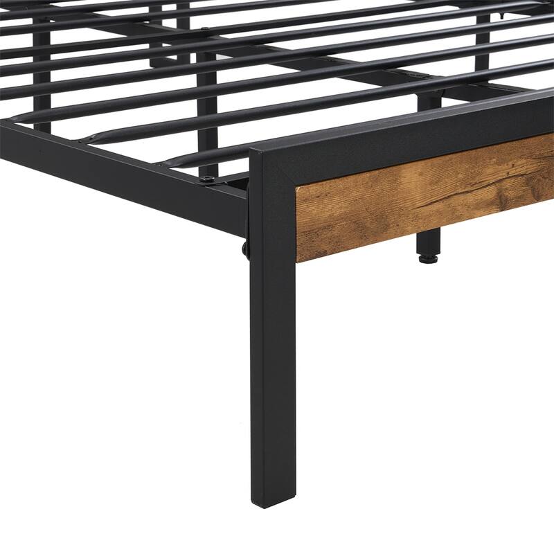 Full Size Metal Platform Bed Frame with Wooden Headboard and Footboard