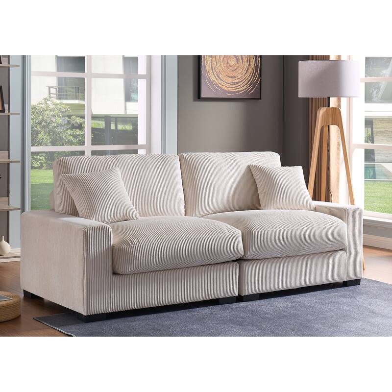 4 Seater Cream Corduroy Modular Sofa with 2 Ottomans and 2 Pillows