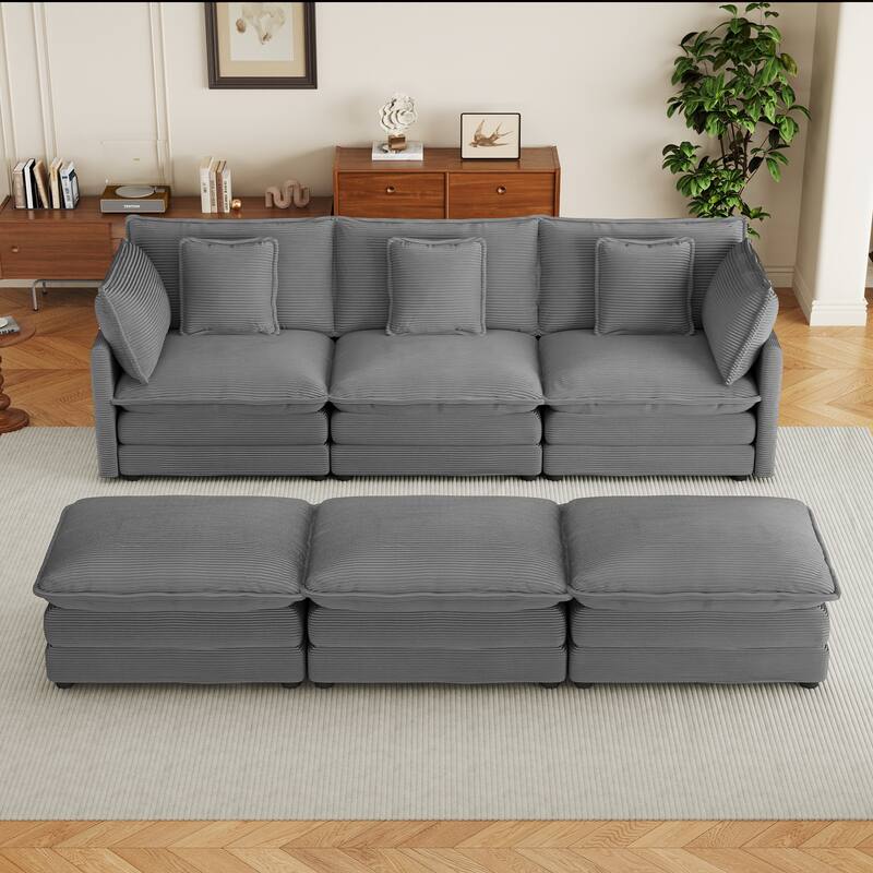 Corduroy Modular Sofa Couch, Upholstered Sleeper Recliner Sofa Couch with Side Storage Pockets and 3 Movable Ottomans