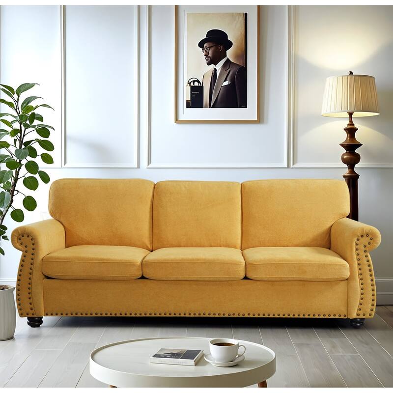 Soft Velvet Sofa, Upholstered 3 Seater Couch With High-Density Foam, Loose Back Cushions And Solid Wood Turned Legs - Mustard Yellow
