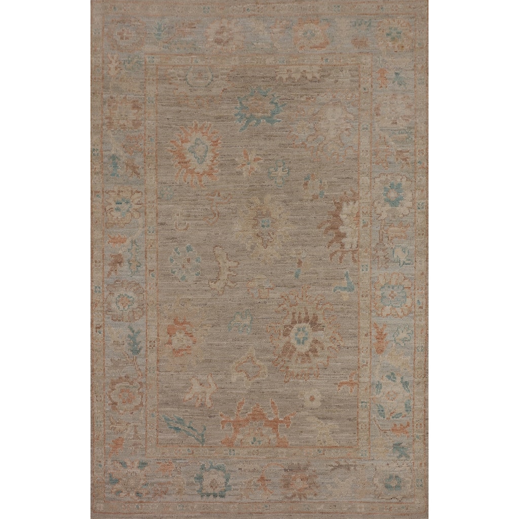 Vegetable Dye Beige Oushak Turkish Area Rug Hand-Knotted Wool Carpet - 3'10"x 5'8"