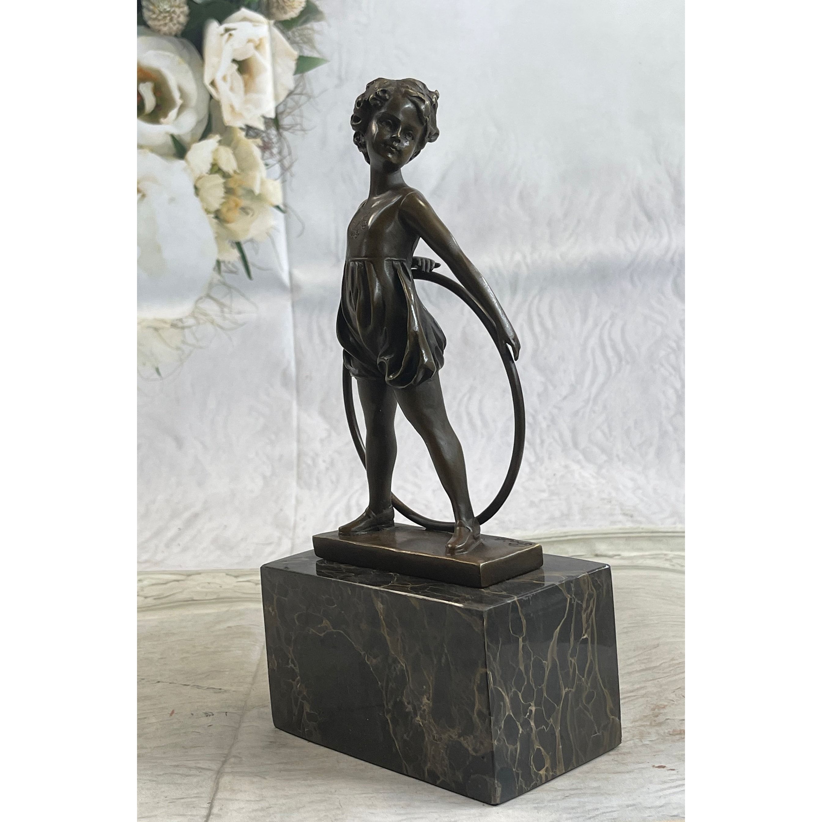 Bronze Marble Statue Pretty Girl Playing Bookend Figure Figurine Art Deco Sale