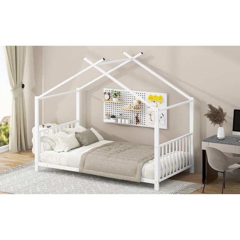 Twin Size White Metal House Platform Bed with Slat Kit, Easy Assembly