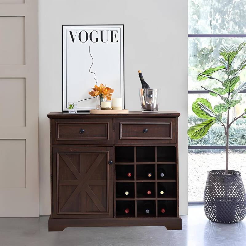 Roomfitters Farmhouse Buffet Cabinet with Storage Sideboard with 2 Drawers, Wine Bar Cabinet with Removable Wine Racks Storage - Espresso