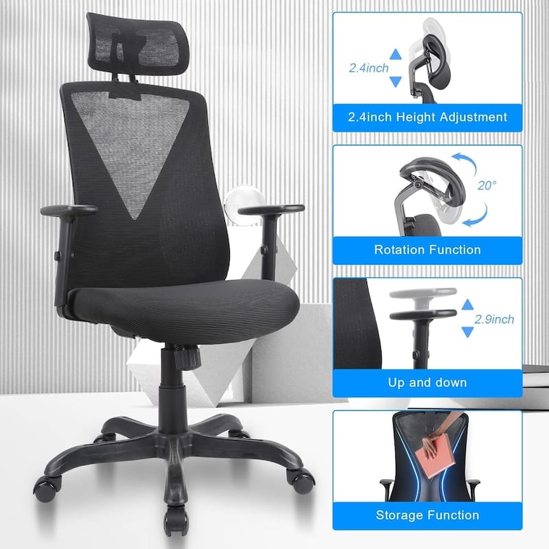 Ergonomic Office Chair with Adjustable Headrest and Armrest, Mesh Swivel Desk Chair with Storage Function for Work, Gaming