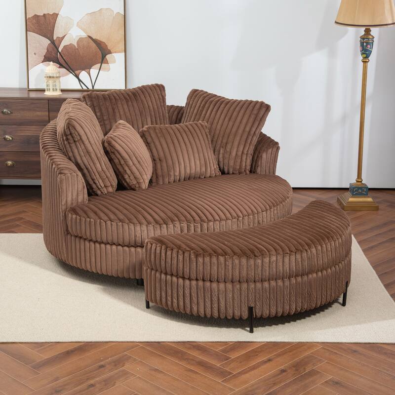 Modern Sofa Chair Round Accent Barrel Chair With 5 Pillows and Storage Ottoman - Set/Brown/Faux fur