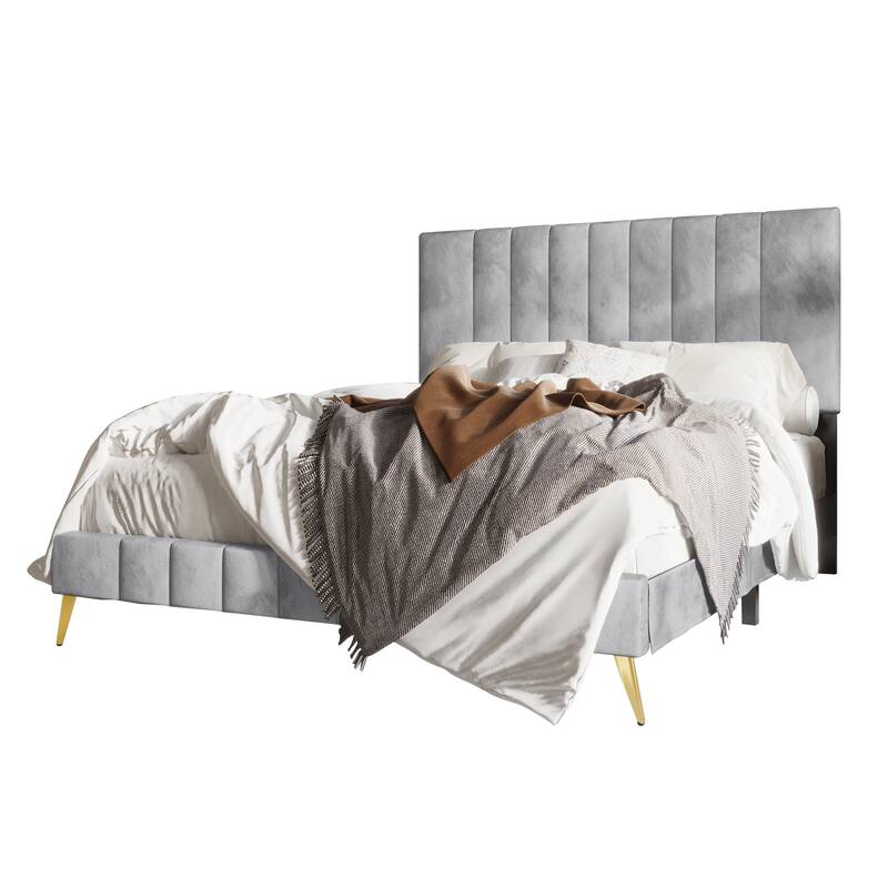 CraftPorch Modern Velvet Tufted Upholstered Gold Accent Platform Bed