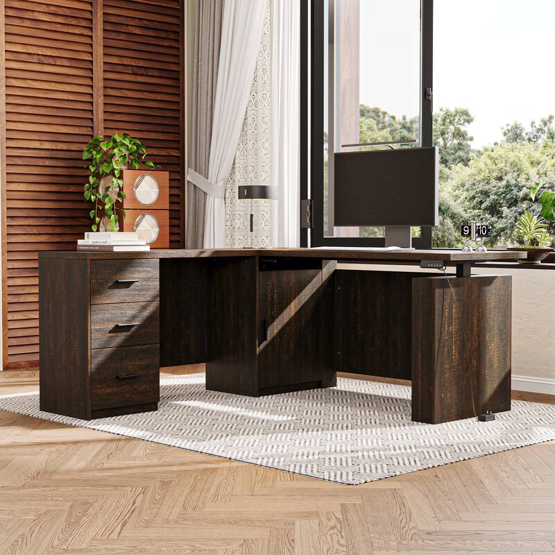 63" L Shaped Electric Standing Desk with Storage Drawers – Height Adjustable Executive Desk, Dark Brown Wood