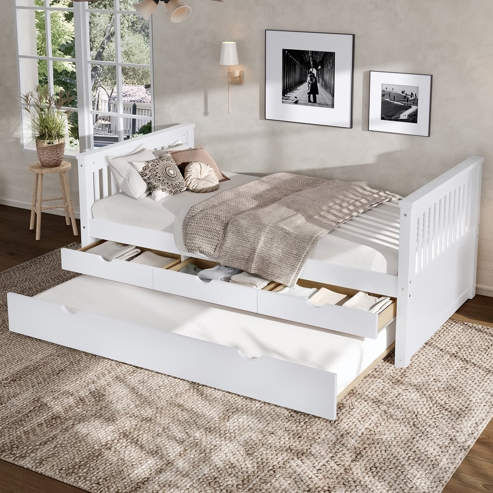 Wooden Storage Daybed, Twin Size Platform Bed with Trundle and Drawers