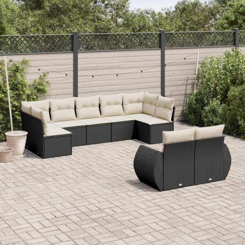 vidaXL Patio Sofa Set with Cushions Outdoor Conversation Furniture Poly Rattan - Black and cream without table - 24.4 x 28.0 x 27.2