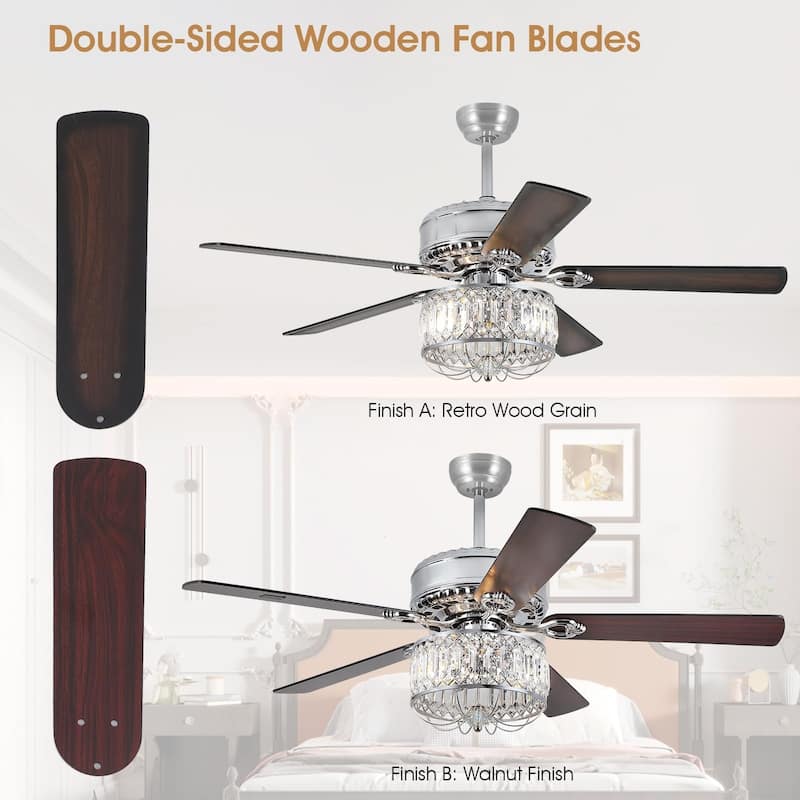 52" Modern Crystal Ceiling Fan Chandelier with Remote,2 Bulbs,Reversible DC Motor,5 Plywood Blades - 52 Inches