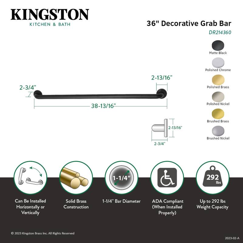 Kingston Brass Milano 36-Inch x 1-1/4-Inch O.D Grab Bar