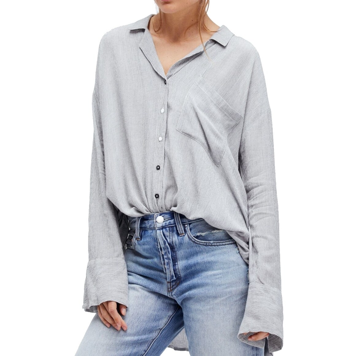 New Free People Women/'s Size Medium Blue Striped Button Down Shirt