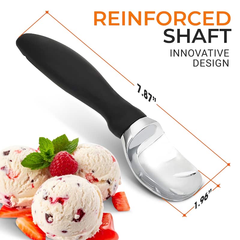 Cheer Collection Heavy Duty Ice Cream Scoop Stainless Steel with Curved Head and Lid Opener Black 7.87 Inch