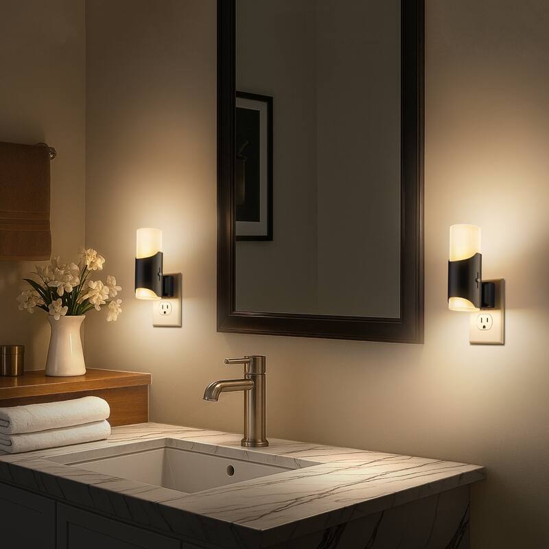 YANSUN Set of 2 Plug-in Dusk-to-Dawn Night Lights, Black Wall Lamp with Frosted Shades, 3000K Warm Light, Sliding Dimmer