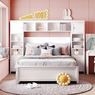 Full Size Platform Bed Storage Bed With All-in-One Cabinet, Shelves and Pull-out Drawers, Wooden Bookcase Bed for All Ages