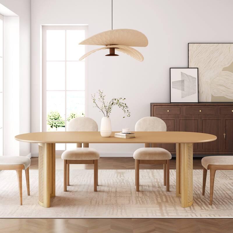 Oval Dining Table with Arc-Shaped Edge Top and Rattan Woven Base Modern Farmhouse Kitchen Table for Living Room Dining Room