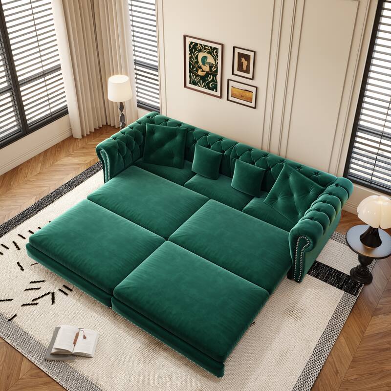 89" Chesterfield Pull Out Sofa Bed - Velvet 3-in-1 Convertible Sleeper with Chaise & Ottoman, King Size Sleeper Sofa - Green