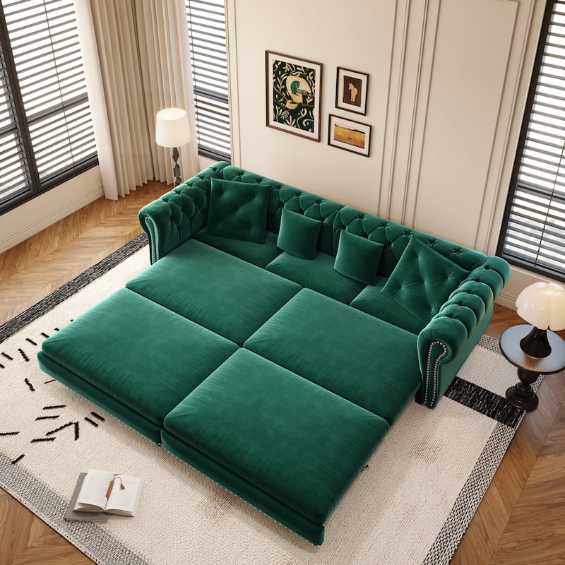 Oversized Chesterfield Loveseat Sofa, Convertible Pull Out Sleeper Sofabed Velvet Couch Bed w/Movable Ottoman and Nailhead Trim