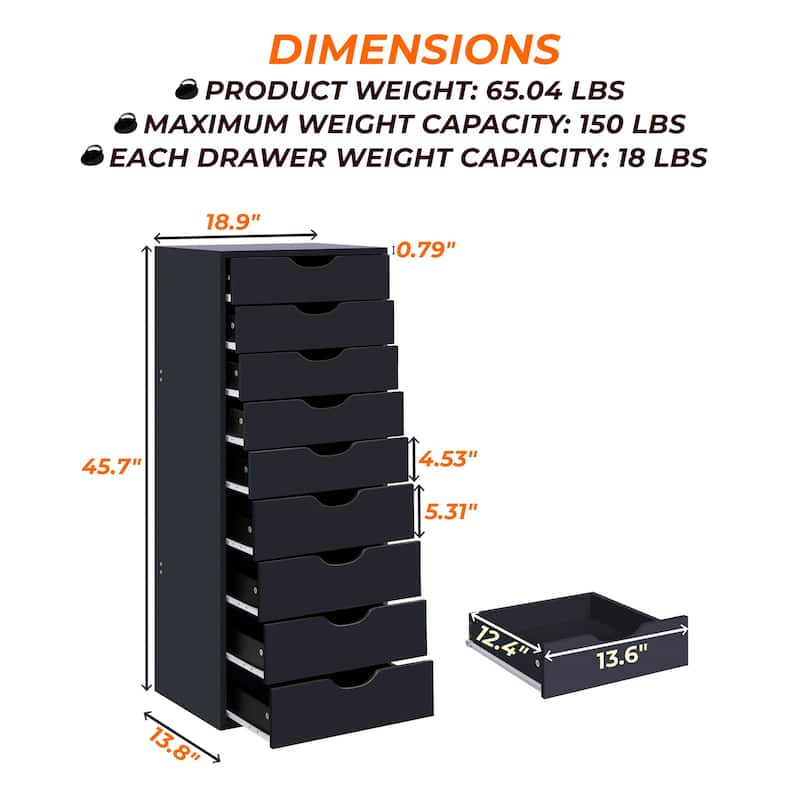 Narrow Wooden 9-Drawer Cabinet with Smooth-Glide Drawers, Top Storage Shelf, and Space-Saving Design