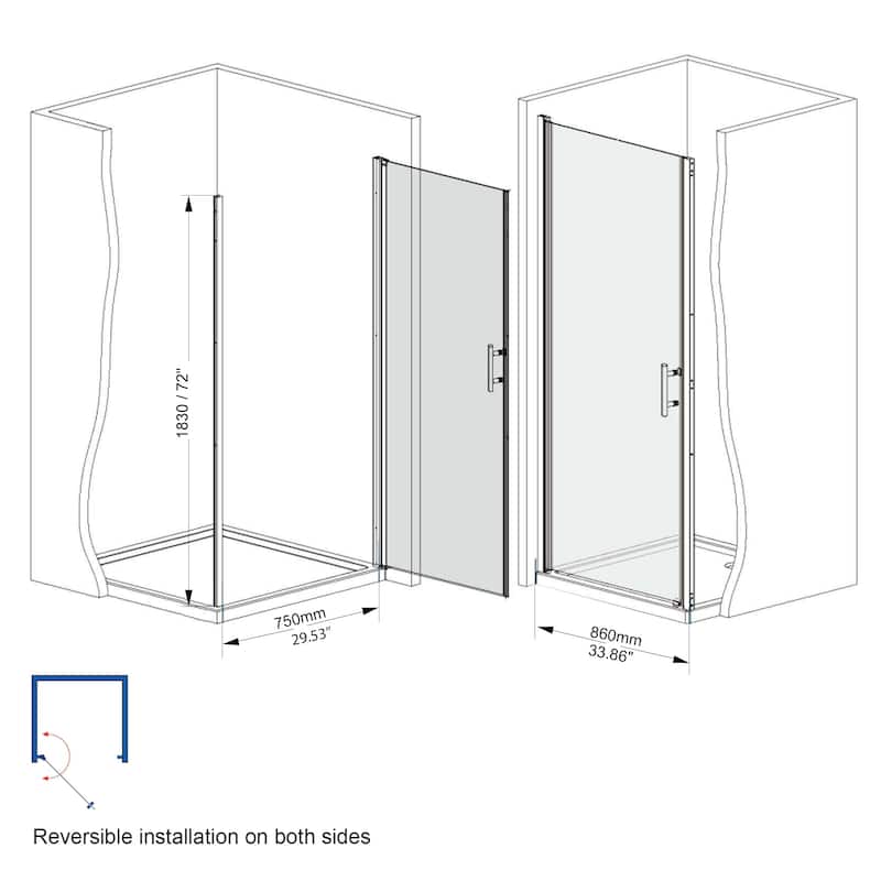 "34x72 Inch Half Frame Pivot Shower Door