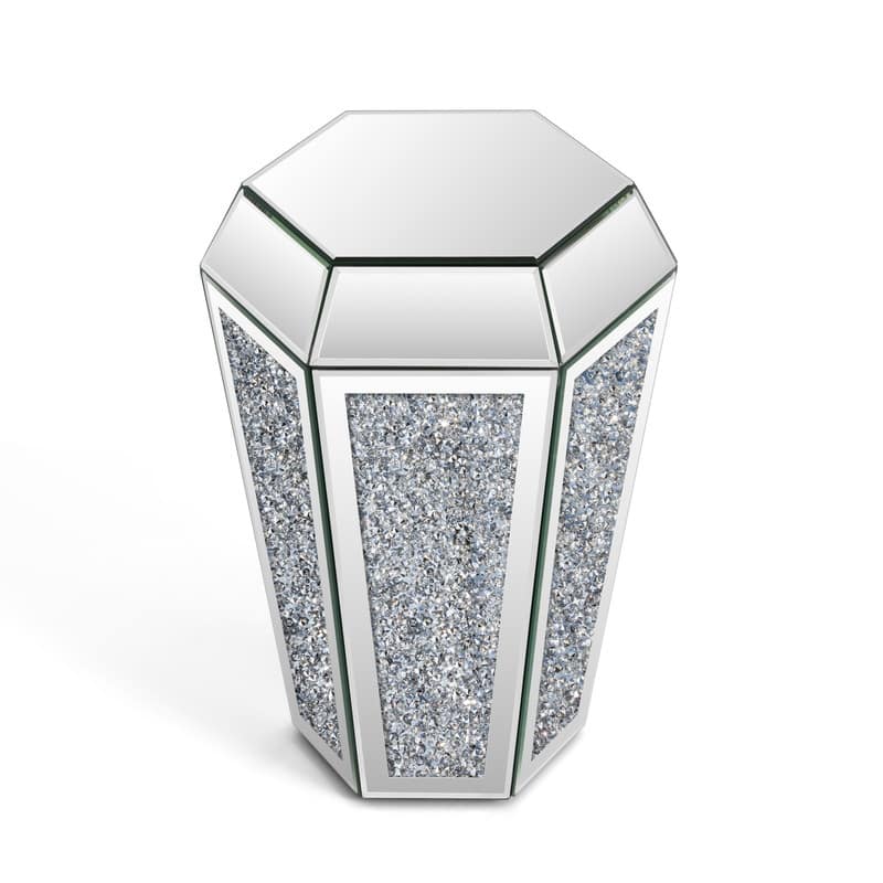 Glam Mirrored Glass End Table with Crushed Diamond Inlay