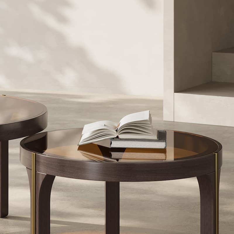 Modern Coffee Table Set of 2,Brown tempered glass tabletop, solid wood legs,31.5+23.62"