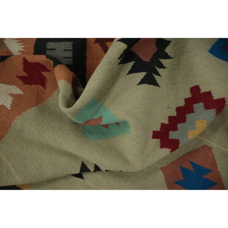 Hand Woven Oriental 100% Wool Carpet Southwestern Modern Green Kilim Area Rug - 10' 7'' X 8' 8''