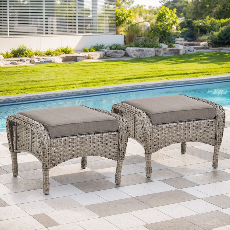 Gymojoy Versatile Outdoor Wicker Ottomans with Soft Cushions