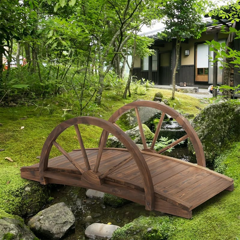 Premium Fir Wood Arched Garden Bridge for Outdoor Pond Stream or Walkway with Handrails and 330 lbs Capacity