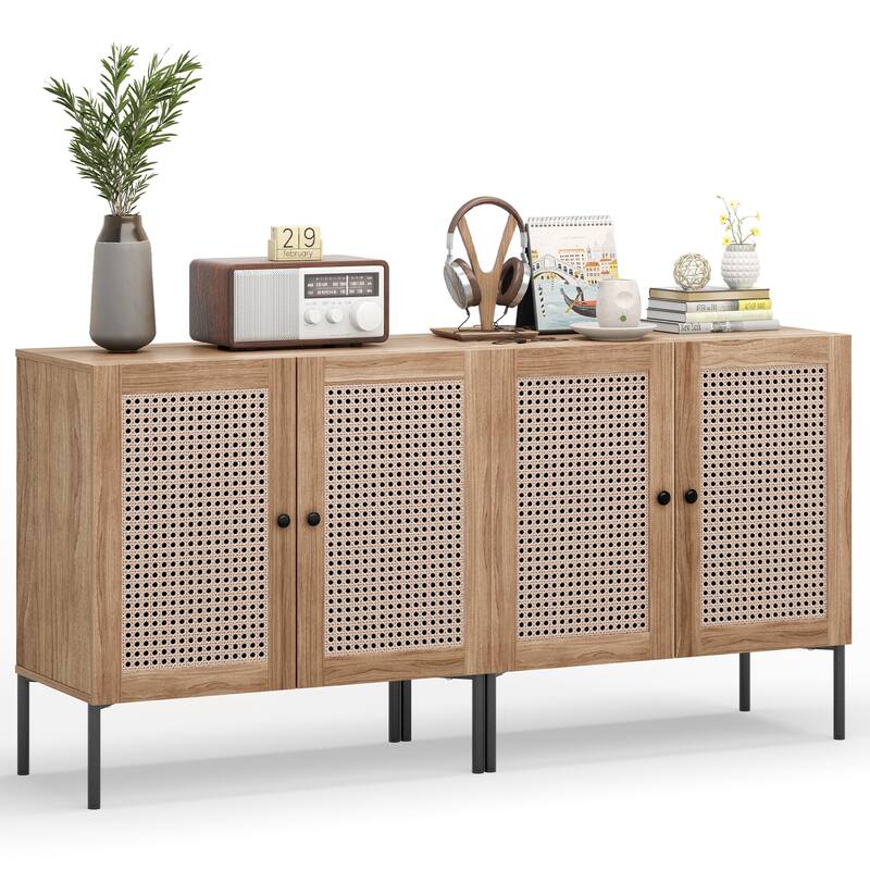 2 PCS Buffet Sideboard Wine Cabinet Cupboard with Adjustable Shelf - Oak
