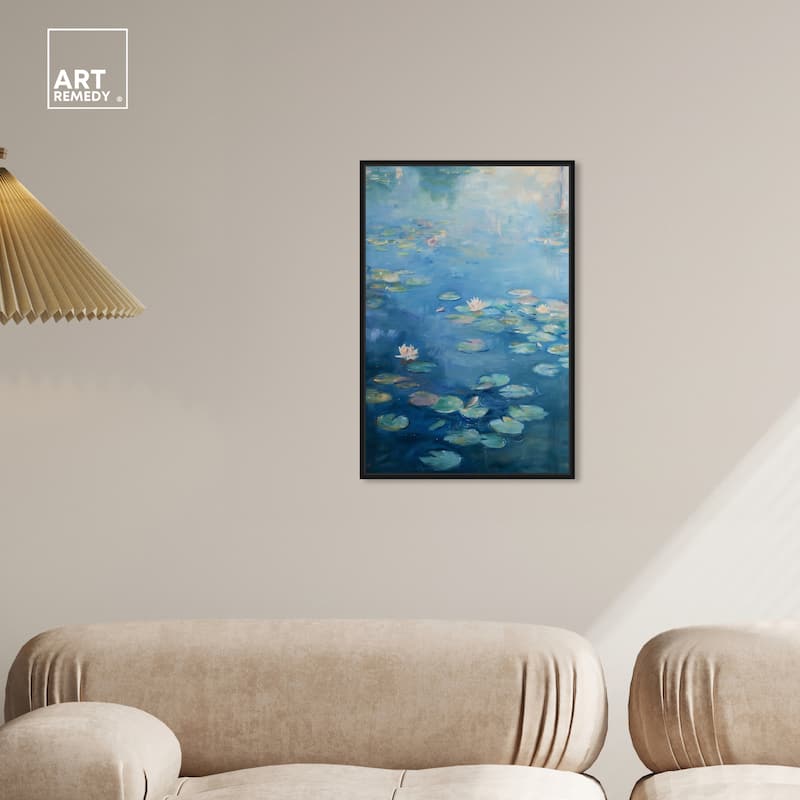 Art Remedy Lilypads In Blues Framed Impressionism 1 Piece Canvas Wall Art /Monet And Van Gogh Inspired Art