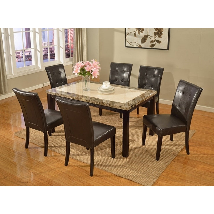7-Piece Dining Set, Two-Tone Finish Faux Marble Top Table and 6 Side Chairs