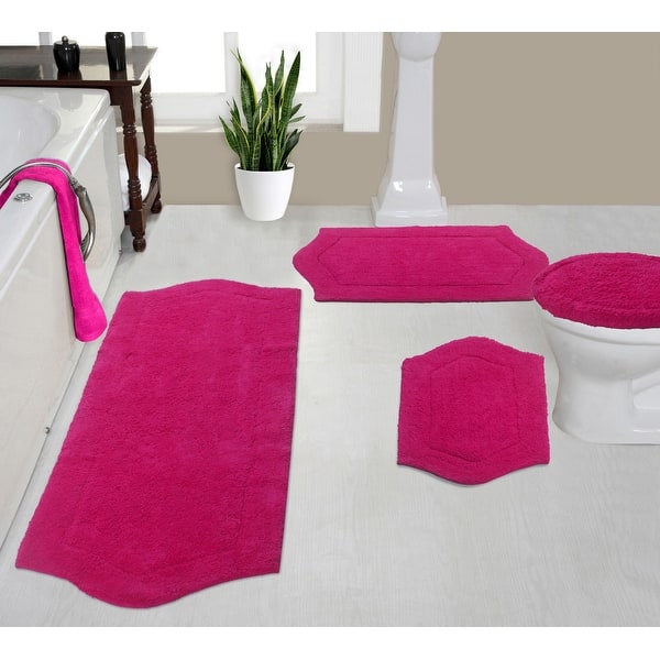 slide 2 of 9, Waterford Collection 100% Cotton Non-Slip Bathroom Rug, Machine Washable Bath Rug, 4 Piece Bath Mat Set with Toilet Lid Cover Hot Pink