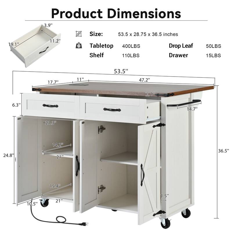53.5" Rolling Farmhouse Kitchen Island Cart with Drop Leaf, Charging Station, Storage Cabinet, Spice Rack, and Drawer
