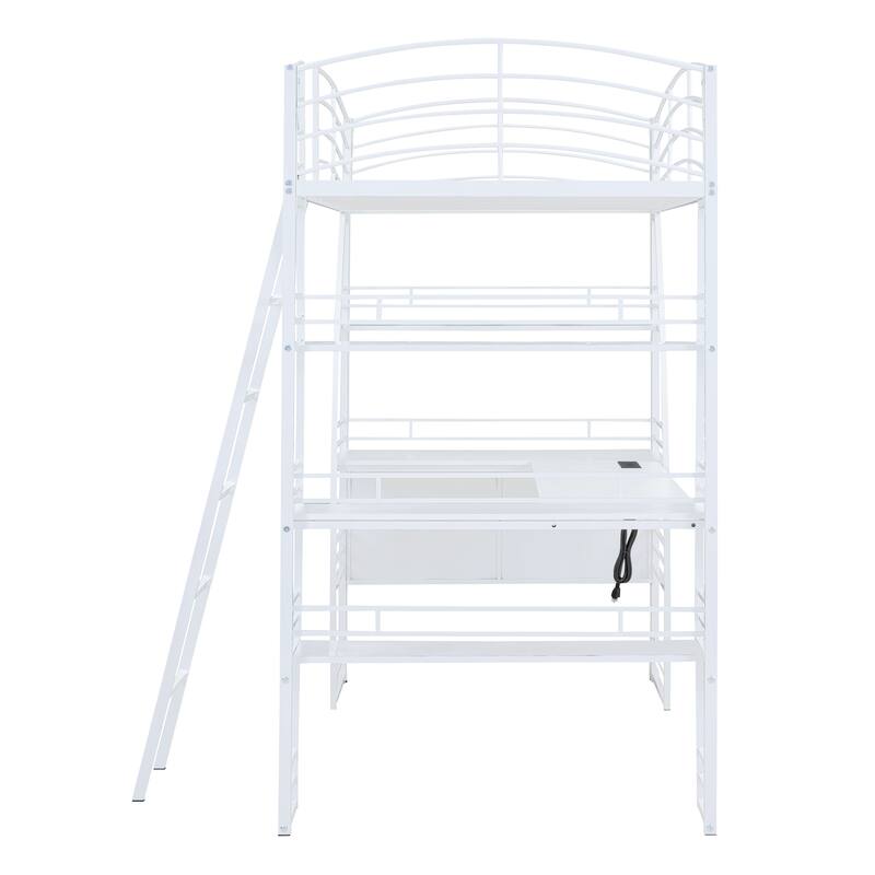 Metal Loft Bed with Shelves, L-Shaped Desk, Sockets, USB Ports, Wireless Charging
