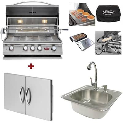 P4 31.5 in. 4-Burner Built-In LP Stainless Steel Grill with Rotisserie, Griddle Tray, Cover, Double Doors and More - Silver