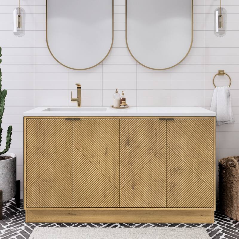 Milano 60" Freestanding Bathroom Vanity with Left White Sink - 59.06" x 19.49" x 35.46'' - Oak