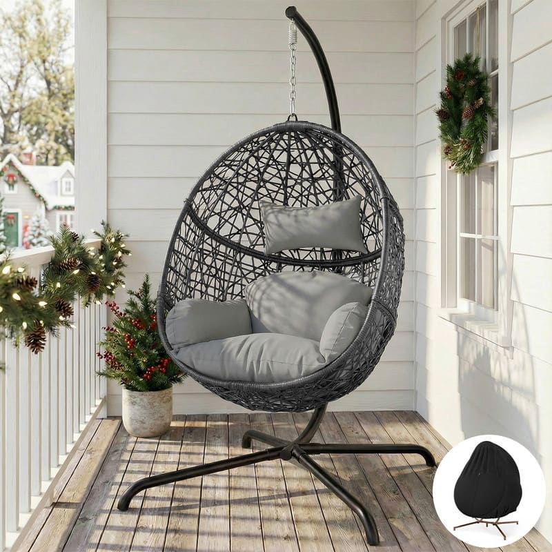Oversized Egg Chair with Stand, 450 lbs Heavy-Duty Outdoor/Indoor Wicker Hanging Basket Chair - Light Grey/Cover