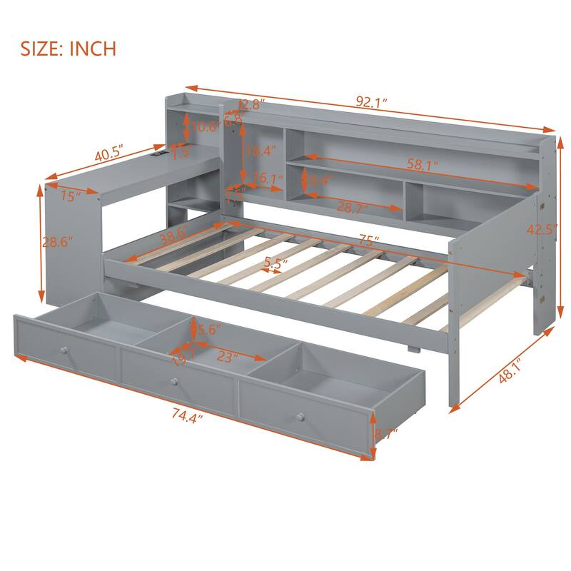 Twin Size Modern Wooden Daybed with Three Drawers, USB Ports, and Desk