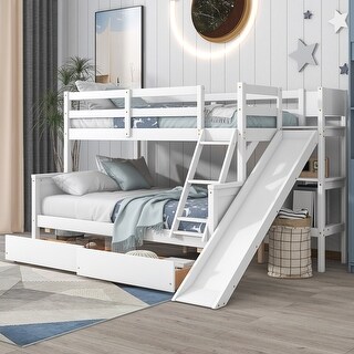 White Twin Over Full Pine Bunk Bed with Drawers, Slide, Shelves, Convertible