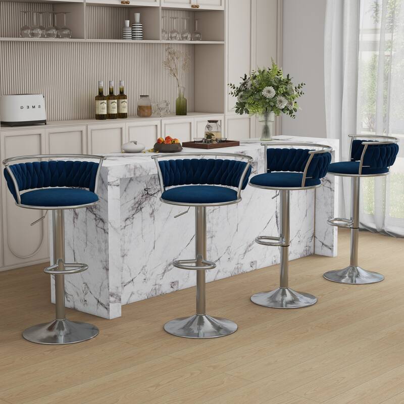 4 Set Velvet Adjustable Swivel Bar Stools With Backs - Set of 4 - Navy Blue Silver 4Set