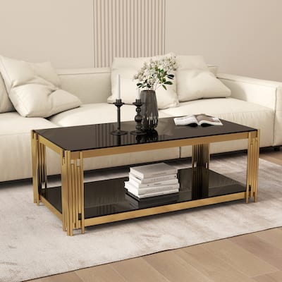 47"Rectangular Gold Glass Double-Layer Coffee Table, Black Tempered Glass Tabletop, Gold Stainless Steel Metal Legs